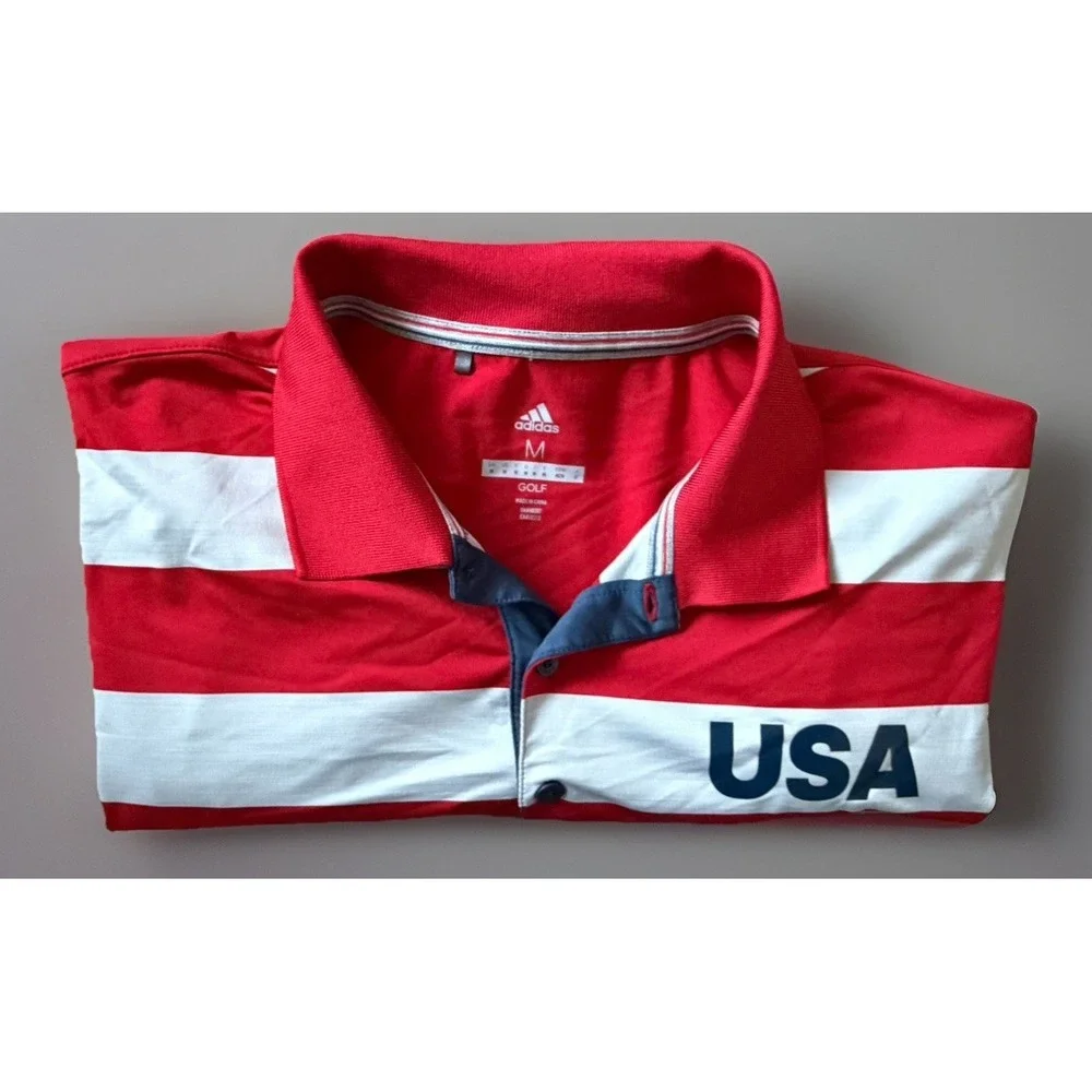 Adidas Golf Short Sleeve Polo Shirt USA Red Gray Striped Logo Medium JBHS